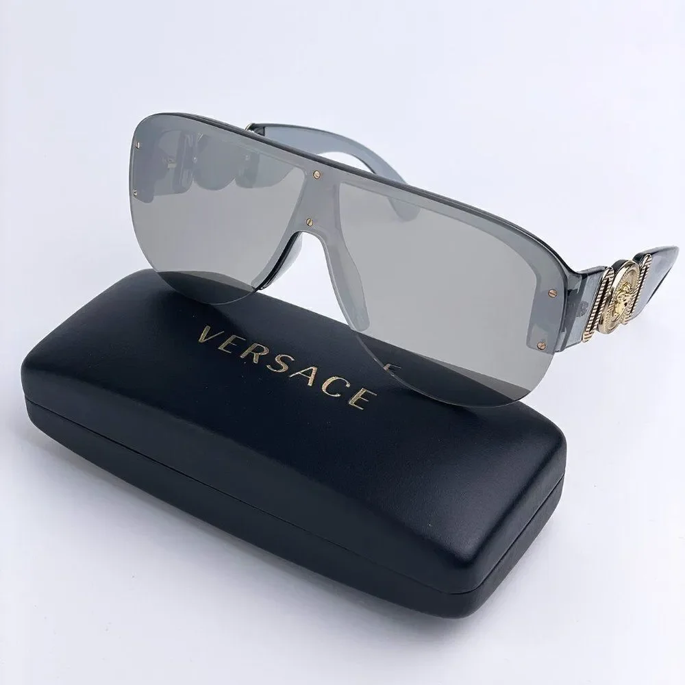 NEW Versace VE4391 311/6G Clear Gray Silver Mirrored Shield Men Sunglasses